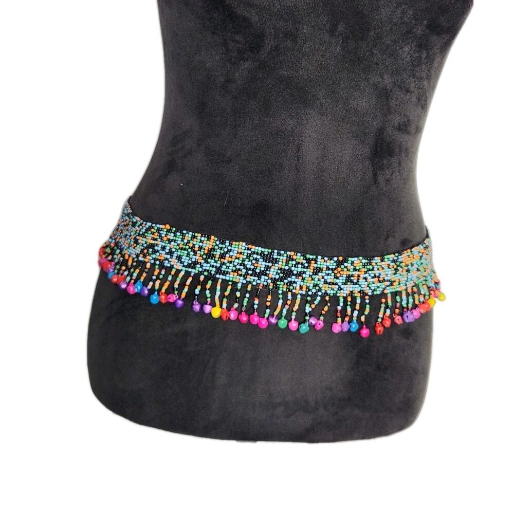 Vintage Unbranded Multicolor Tie Beaded Belt With Fringes & Bells 28-38 In Boho